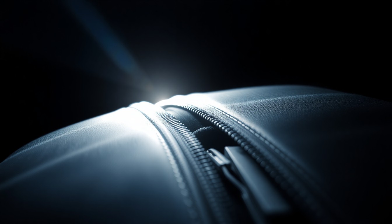 An extreme close-up photograph of a partially open suitcase zipper, revealing a glimpse of dark fabric inside, captured with a harsh, direct camera flash against a pitch-black background to create a stark, gritty, investigative aesthetic.