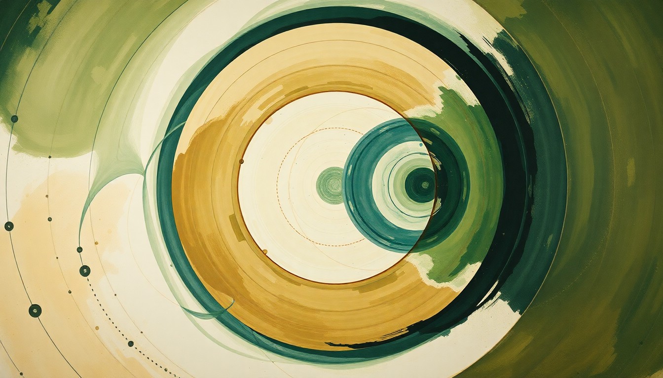 A highly structured abstract painting in soft, earthy tones of green, brown, and blue, featuring sweeping geometric arcs, concentric circles, and precise botanical spirals, conveying the intricate natural forces and scientific concepts explored in the students' research projects.