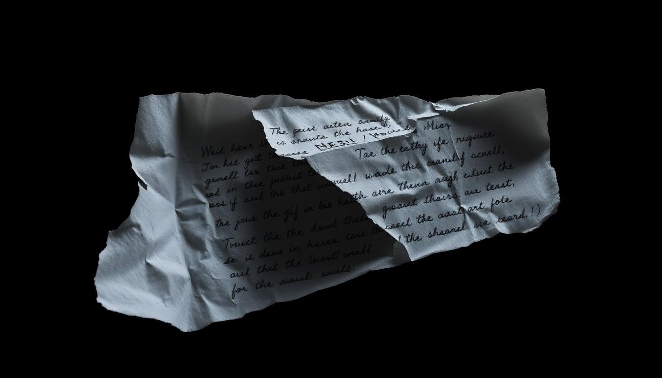 An extreme close-up of a crumpled, torn piece of paper with handwritten notes, conceptually representing the sensitive evidence in this high-profile case of alleged sexual exploitation of a minor.
