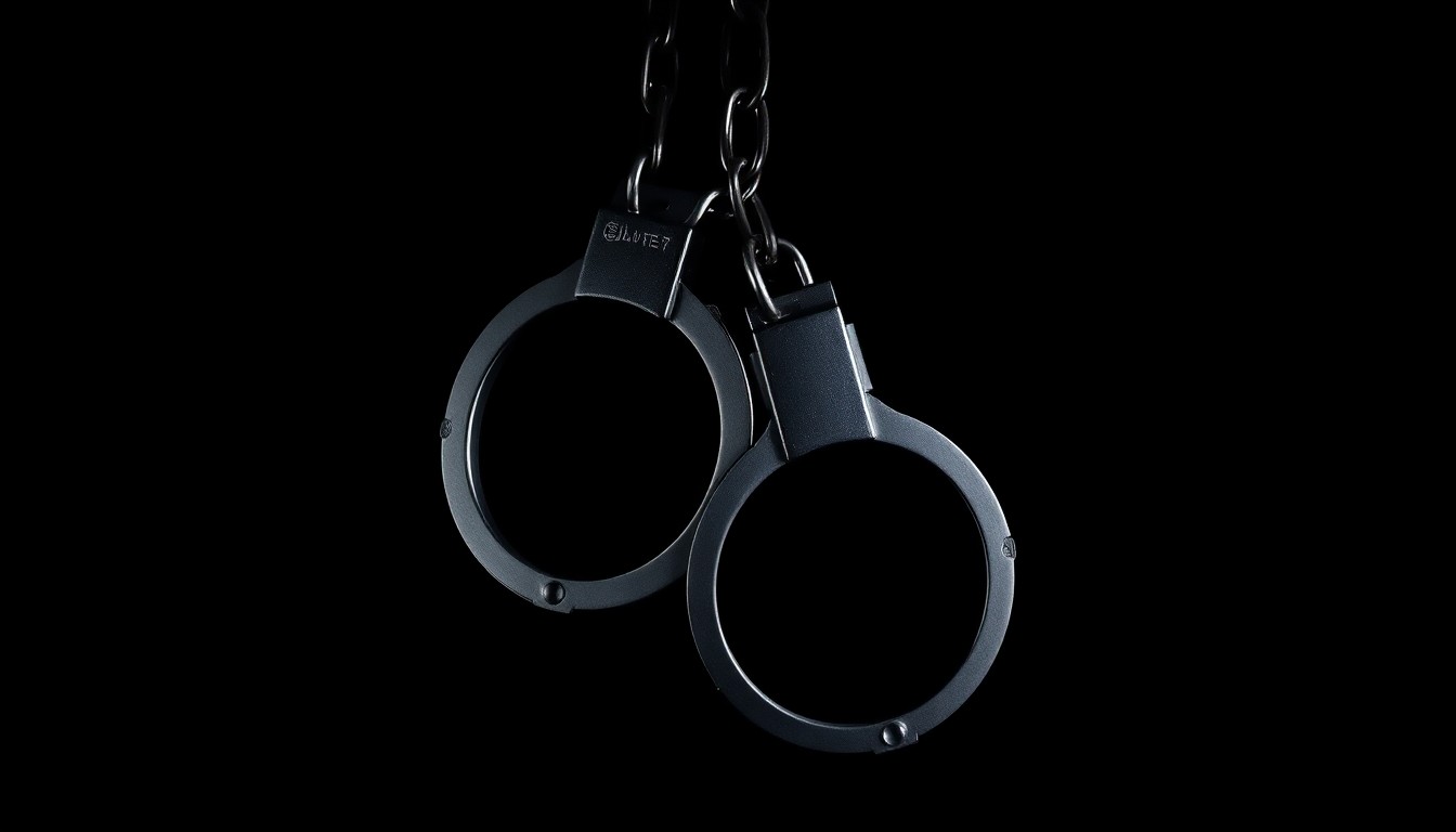 An extreme close-up photograph of a pair of handcuffs against a pitch-black background, the metal reflecting the harsh, direct light of the camera flash, creating a stark, dramatic visual.