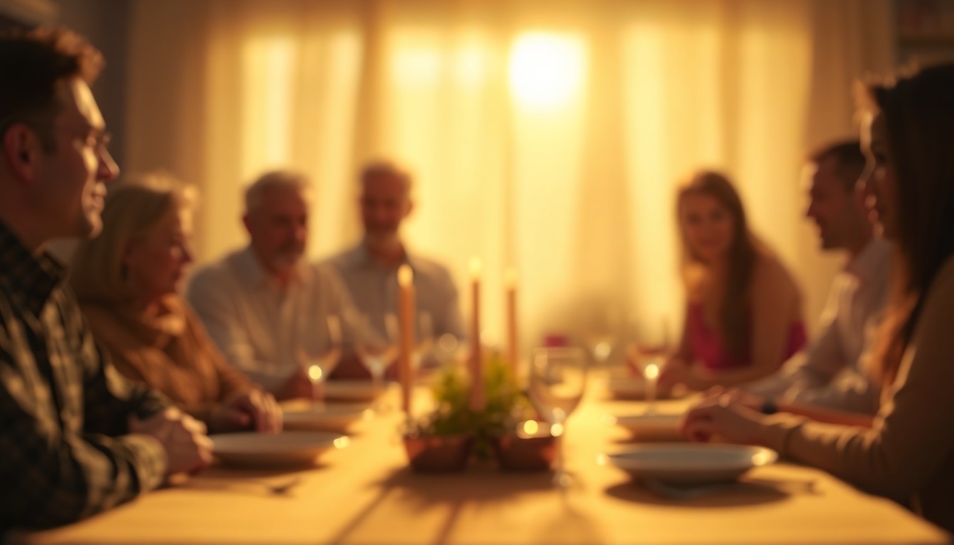 A softly blurred, atmospheric scene of a family gathered around a Passover seder table, with warm pools of light and color creating an intimate, introspective mood that captures the thoughtful, reflective nature of the story.