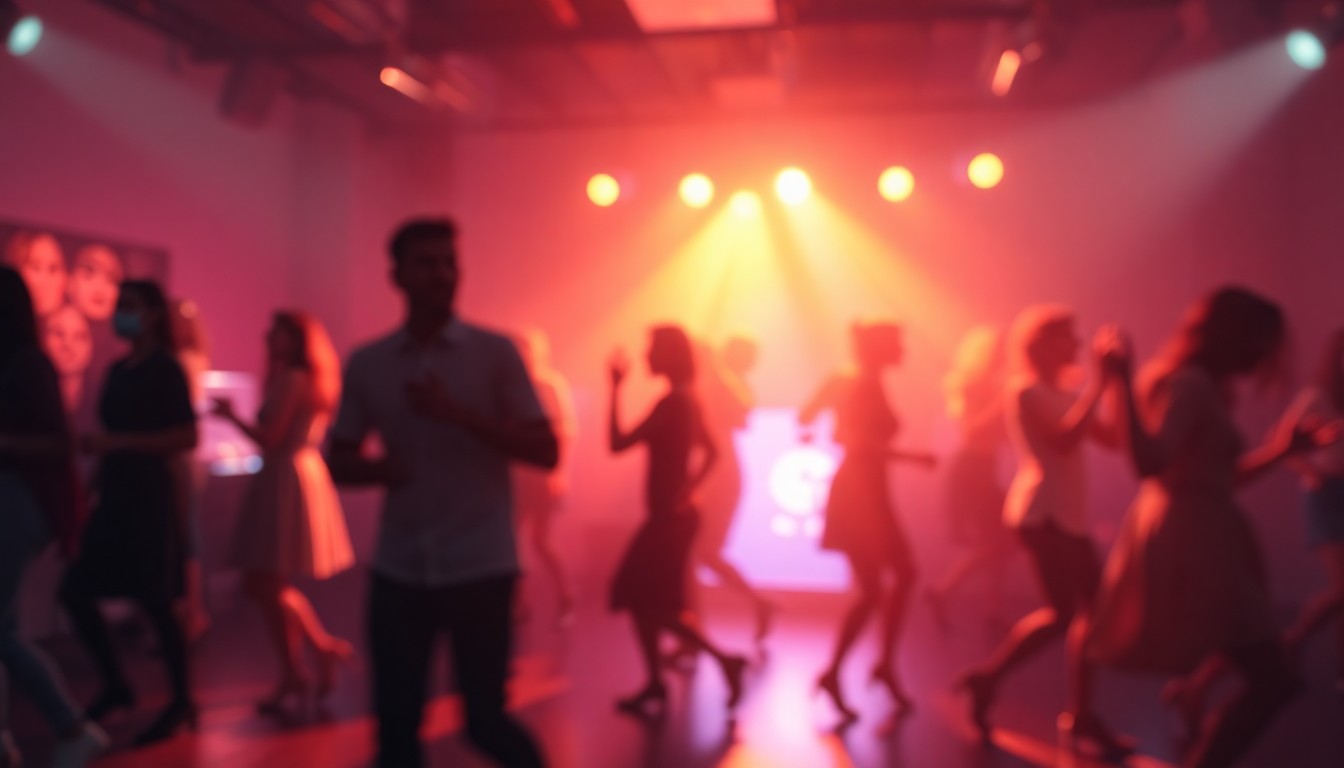 An abstract, out-of-focus scene of people dancing in a dimly lit studio, with soft, warm pools of color and light blending together to create a serene, atmospheric mood.