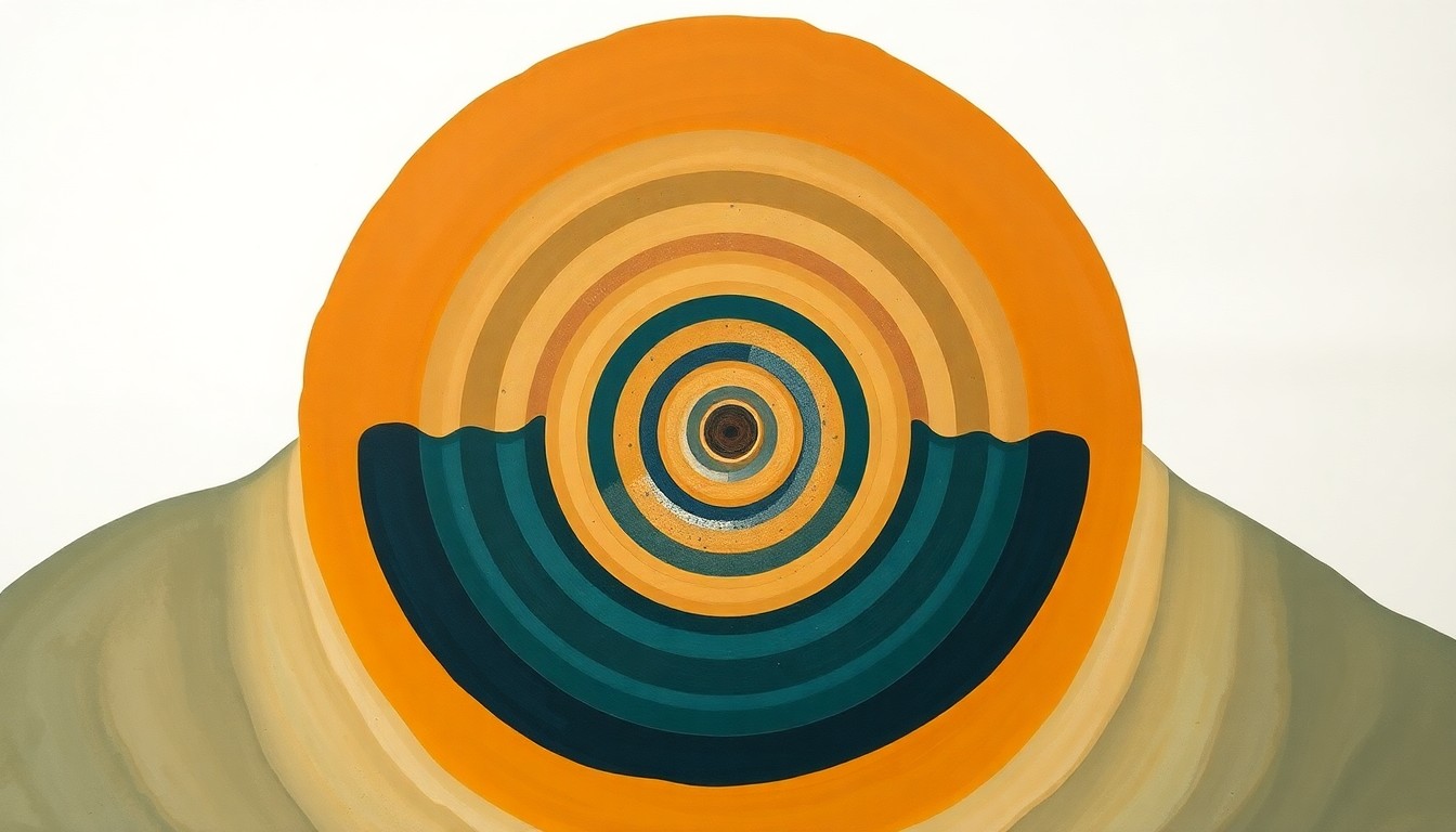 A highly textured, abstract painting in muted earth tones of ochre, sage, and deep blue, featuring sweeping geometric arcs, concentric circles, and precise botanical spirals, conveying the complex natural forces and mineral deposits at the Treasure Creek project site.