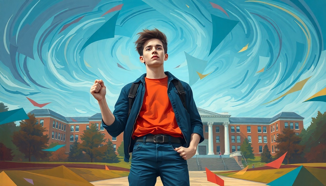A vibrant, fractured painting depicting a young person standing firm amid swirling, overlapping geometric shapes in shades of blue, purple, and red, conveying the defiant spirit of Jewish students reclaiming their identity on hostile campuses.