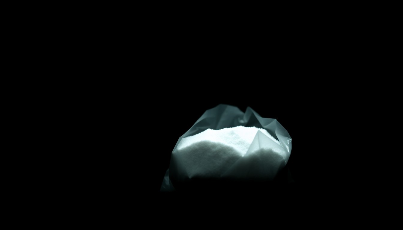 An extreme close-up of a small plastic bag containing a white powdery substance, dramatically lit by a harsh flash against a dark background, conceptually representing the dangerous nature of synthetic opioids like fentanyl.