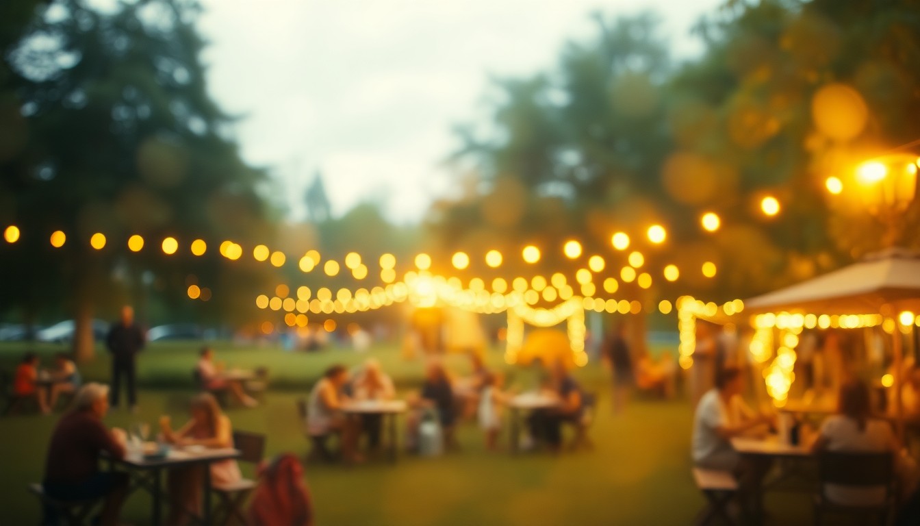 An impressionistic, out-of-focus scene of people enjoying a community gathering in a vibrant, green park setting, conveying the festive atmosphere of Lincoln's America 250 celebrations.