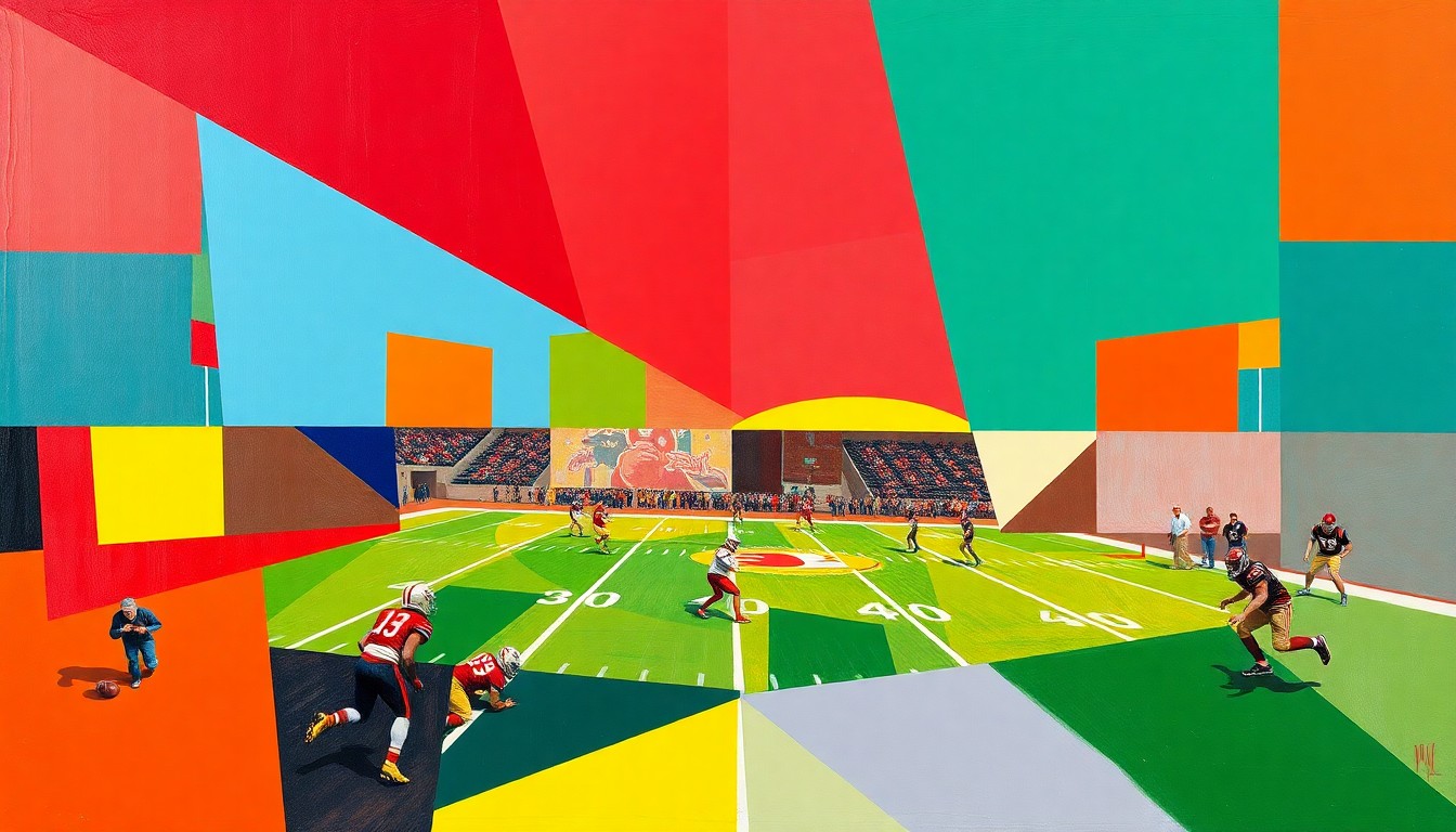 A cubist, geometric painting in the official colors of San Diego State University, depicting fragmented and overlapping shapes representing a football game or practice.