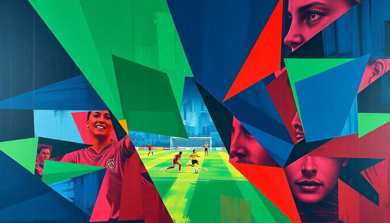 A cubist, geometric painting depicting the fragmented movements and perspectives of a women's soccer player in action, rendered in bold, contrasting colors.