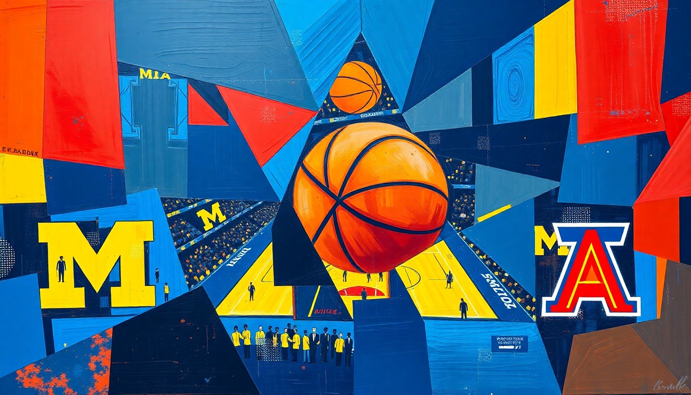 A fractured, multi-perspective painting depicting a basketball game, with sharp, overlapping geometric planes in vibrant colors representing the intense competition between the two teams.