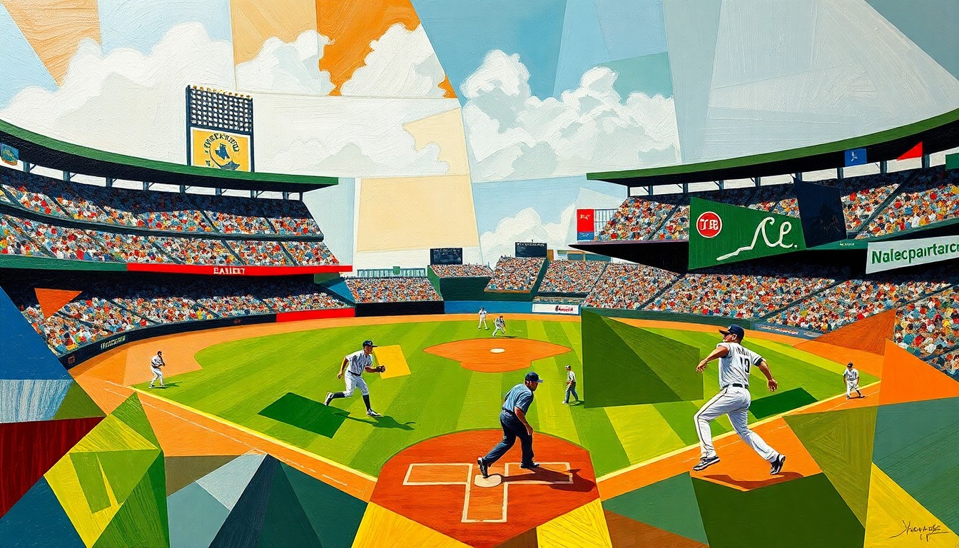 A fractured, multi-perspective painting featuring angular, colorful shapes that abstractly represent the players and field of a baseball game, conveying the sport's energy and movement.