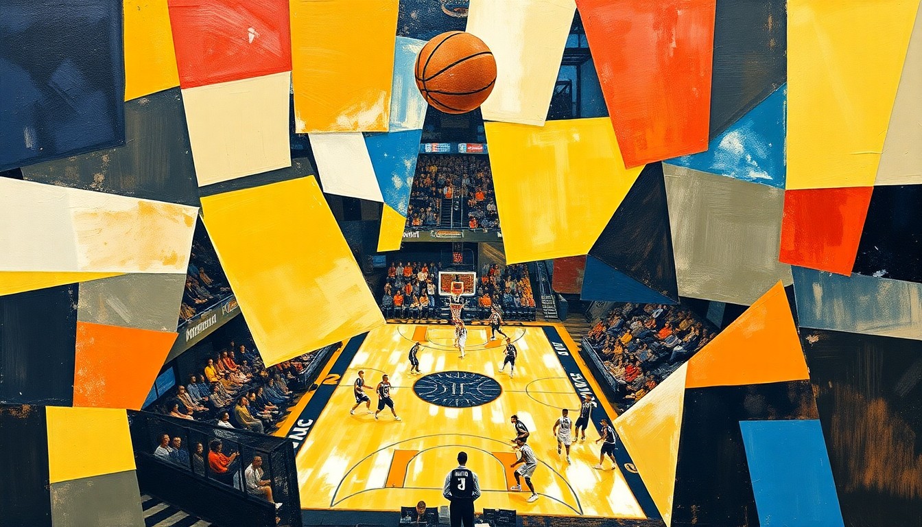 A cubist, geometric painting depicting the action of a basketball game, with overlapping planes and shapes representing the players, the ball, and the court. The image captures the energy and intensity of the matchup between Illinois and UConn.