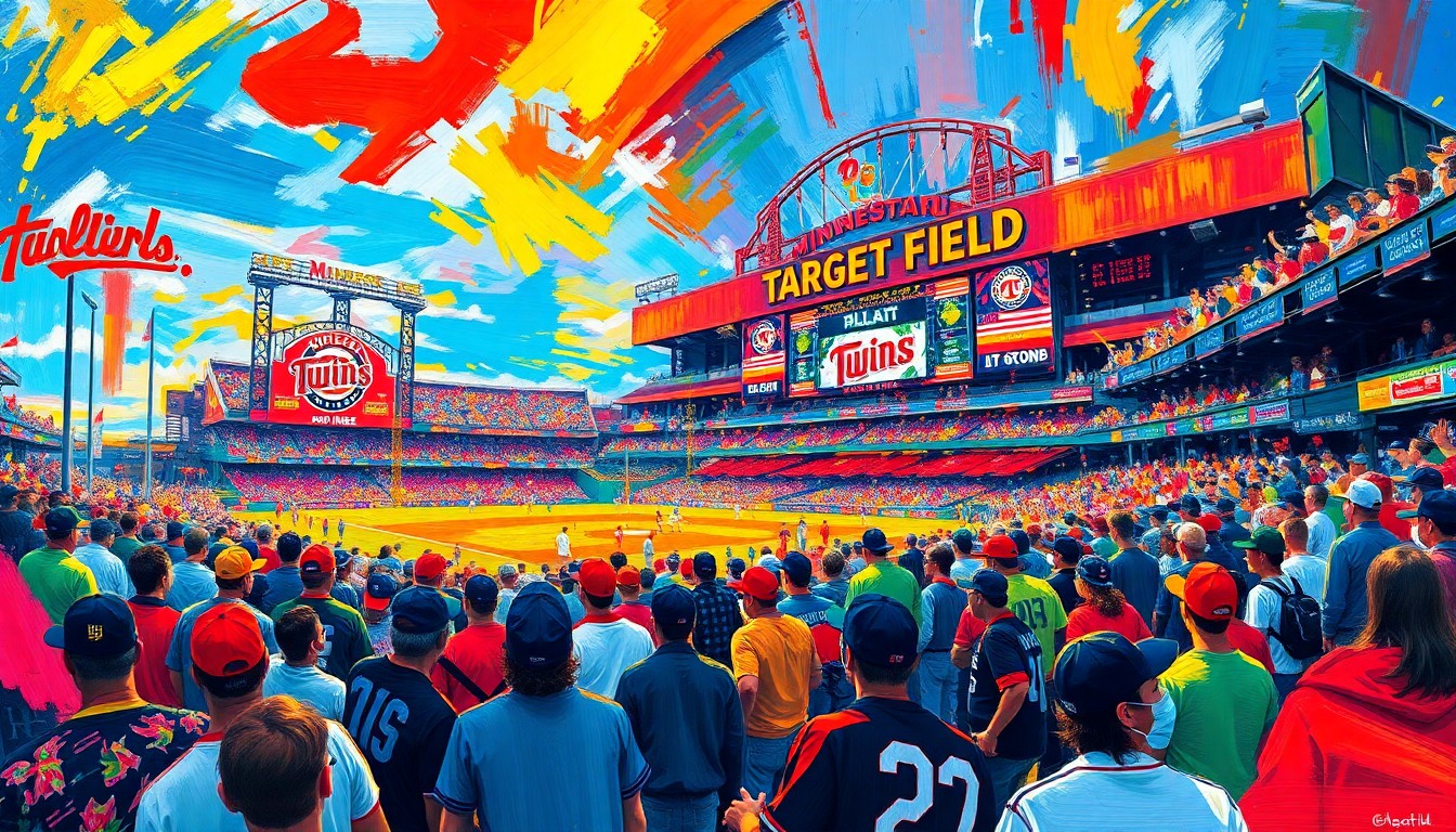 An abstract, expressionist painting in vibrant neon colors, featuring bold, energetic brushstrokes that evoke the excitement and anticipation of baseball fans gathering at Target Field for the Minnesota Twins' home opener.