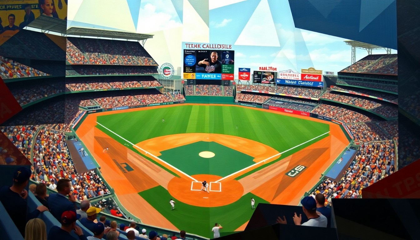 An abstract, cubist-style painting depicting a baseball game, with the players, field, and stadium broken down into sharp, overlapping geometric shapes and planes of color, creating a dynamic and fragmented visual representation of the game's action.