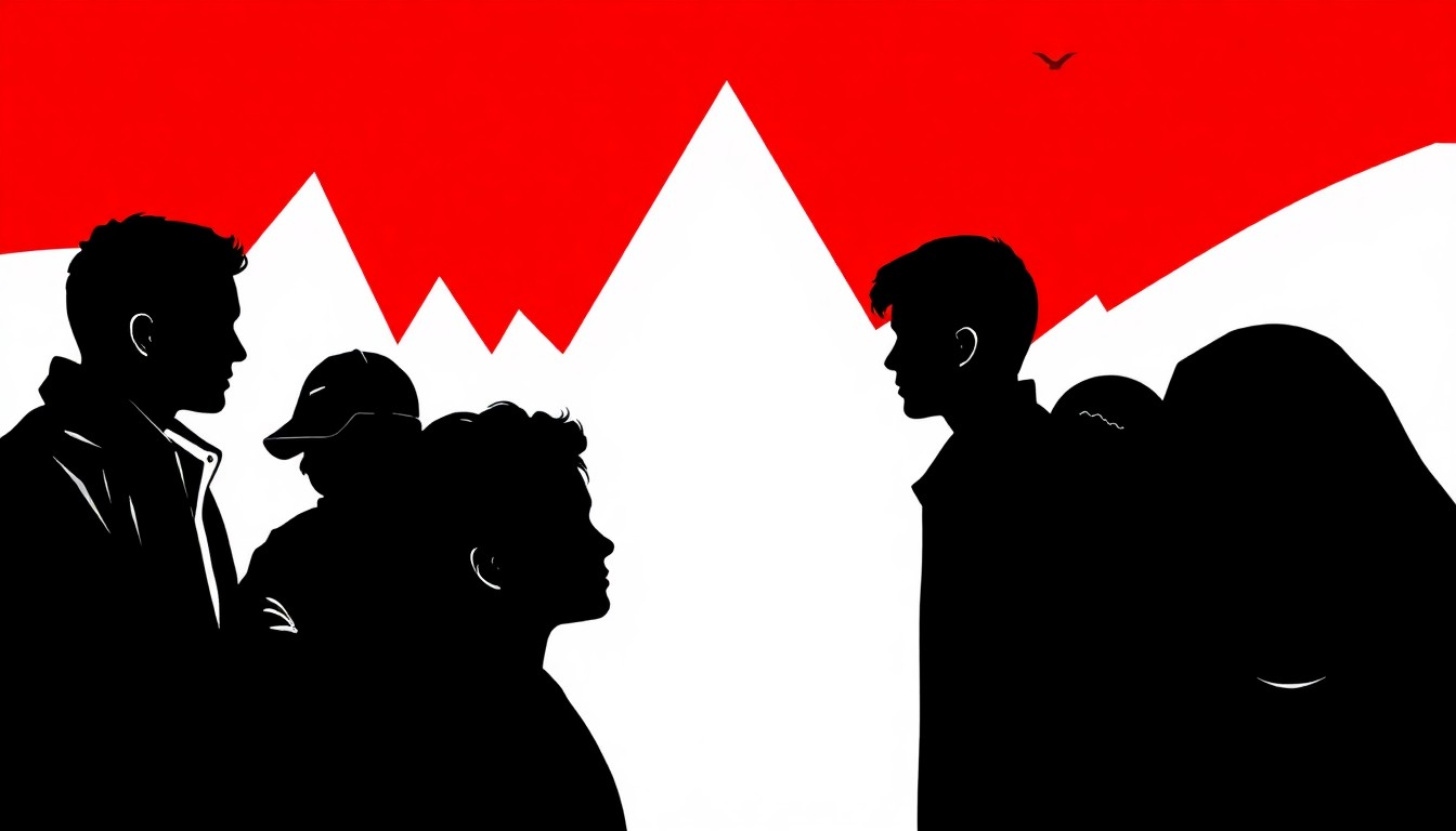 An abstract, minimalist illustration featuring bold, jagged geometric shapes in high-contrast red and white, conceptually representing the themes and ensemble cast of the coming-of-age film 'Brian'.