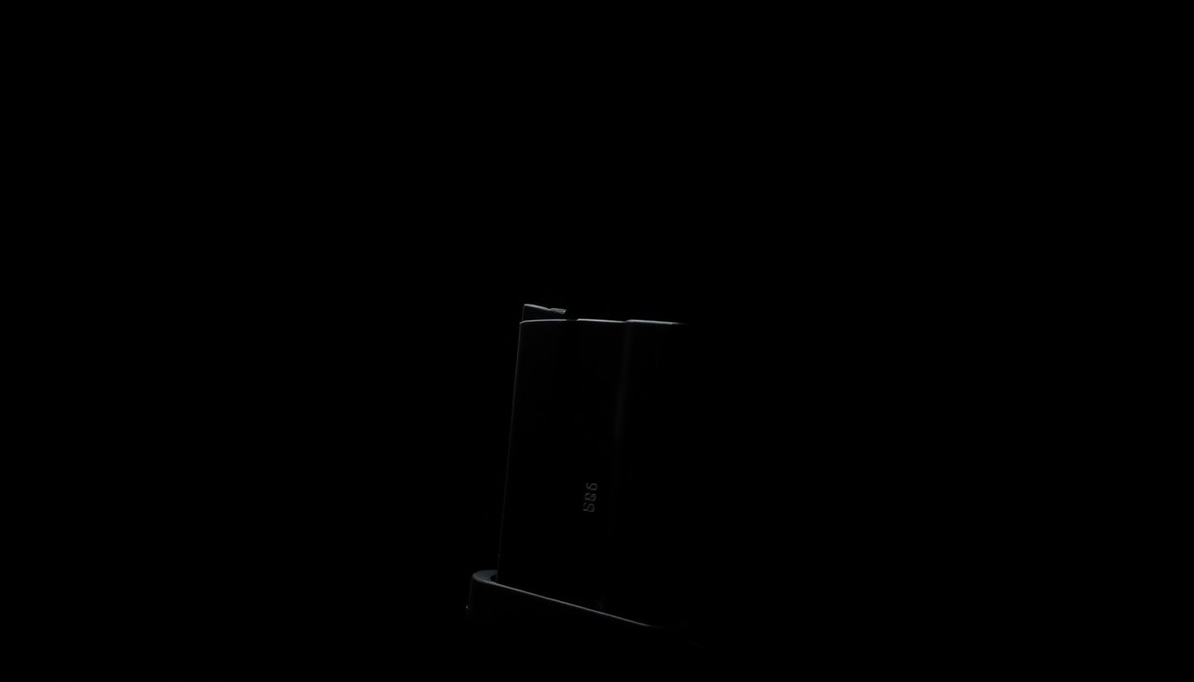 An extreme close-up photograph of a single handgun magazine, its metallic surface and grooves dramatically illuminated by a harsh, direct camera flash against a pitch-black background, conceptually representing the dangerous weapons removed from the streets during this law enforcement operation.