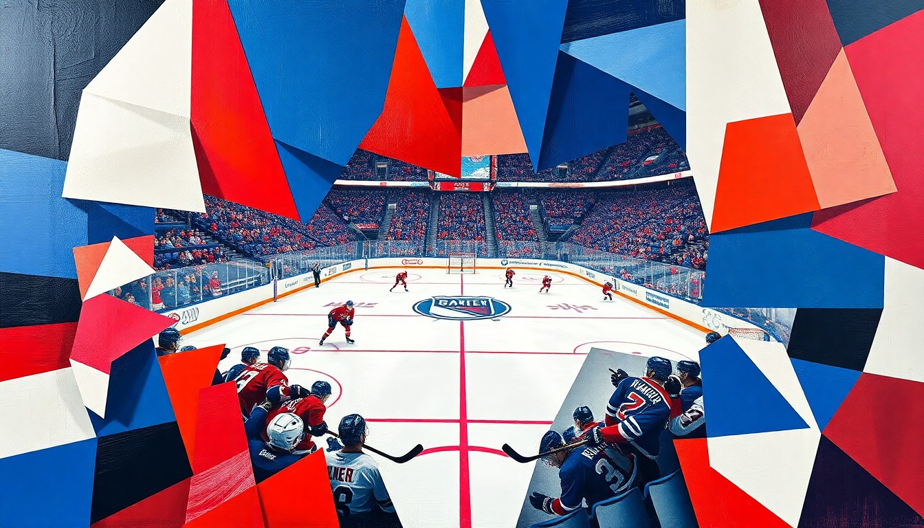 A fragmented, cubist-style painting depicting a hockey game between the Montreal Canadiens and New York Rangers, with the players and action broken down into sharp, overlapping geometric shapes in the teams' respective colors.