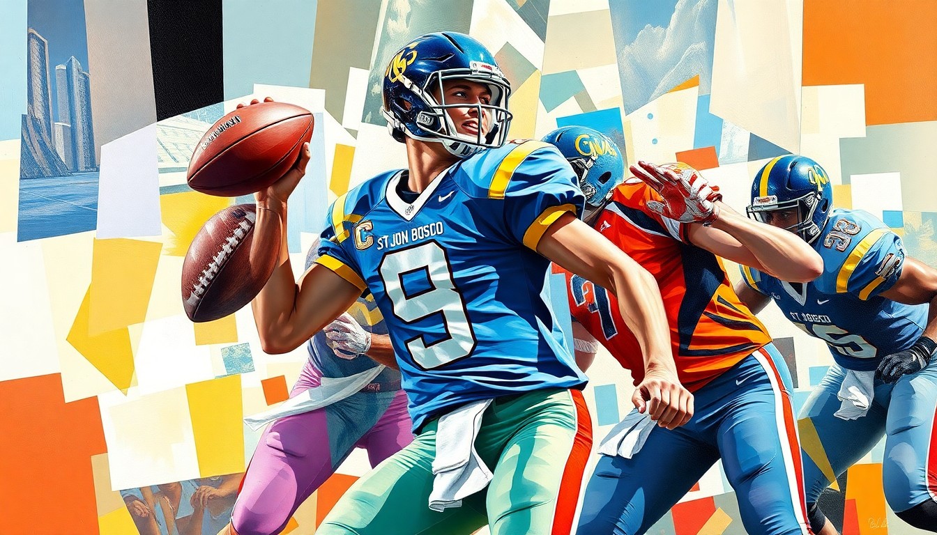 A fractured, geometric painting depicting the movements of a high school football quarterback, with sharp planes of color representing the player's body and the surrounding field of play.