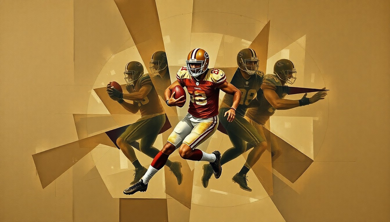 A cubist, geometric painting depicting a football player's movements broken down into overlapping planes of muted earth tones, conceptually representing the difficulties of adapting to a new team.