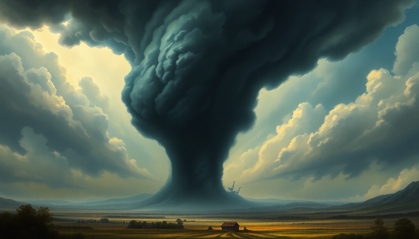 A sweeping, atmospheric landscape painting depicting a massive tornado dominating the center of the frame, its dark, swirling presence dwarfing the small structures below and conveying the overwhelming power of nature.