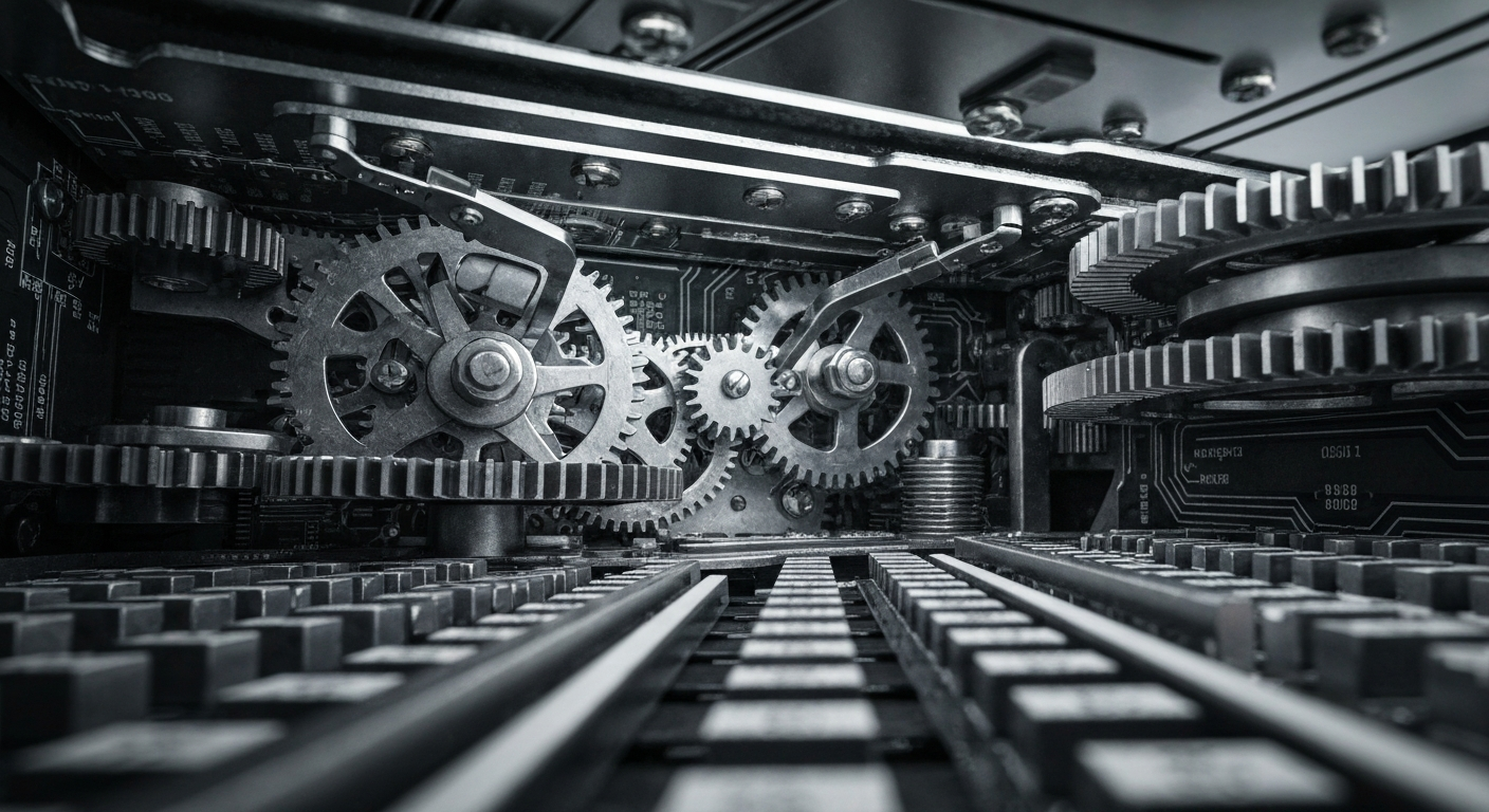 An extreme close-up of a complex financial mechanism, such as interlocking gears or a circuit board, conveying the heavy, industrial nature of banking infrastructure without any text or identifiable logos.