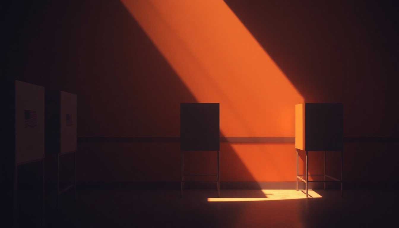 A photorealistic painting of an empty voting booth set against a warm, sunlit backdrop, conveying a sense of quiet contemplation and the individual's role in the democratic process.