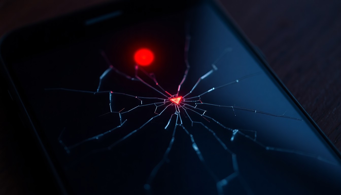 An extreme close-up photograph of a cracked smartphone screen reflecting a red warning light, conveying the serious and urgent nature of fraud prevention.