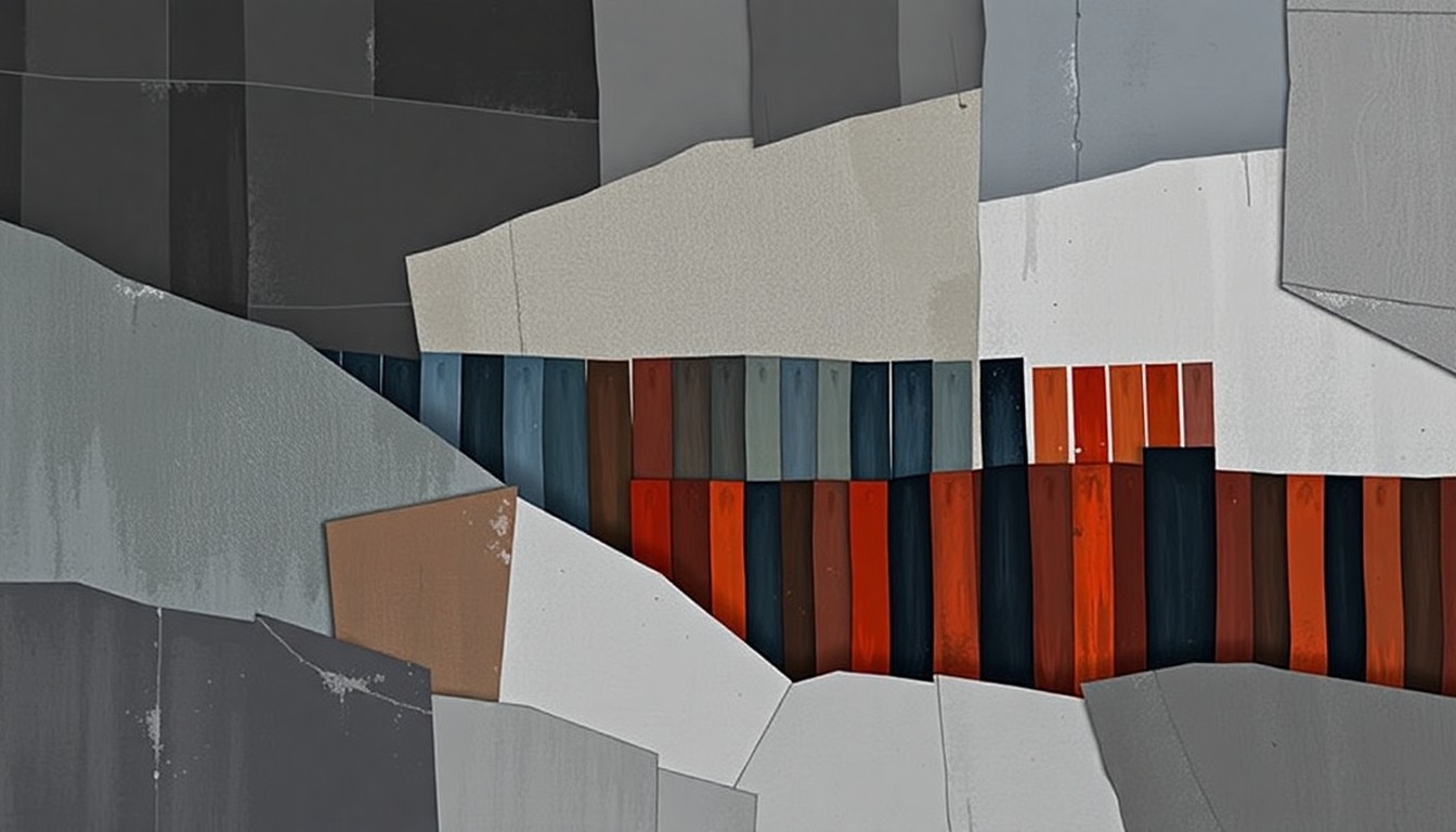 A dynamic, abstract painting depicting the construction of a border wall, with overlapping geometric shapes and brushstrokes in shades of grey, blue, and red, conveying a sense of motion and urgency around the administration's immigration agenda.