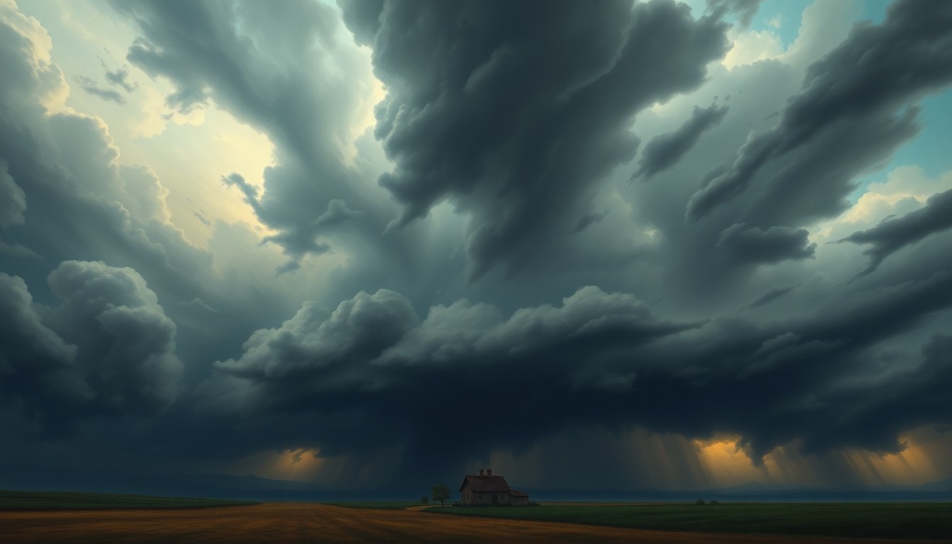 A vast, atmospheric landscape painting depicting a stormy sky with dramatic, swirling clouds and intense lighting, dwarfing a small, isolated farmhouse or rural structure in the foreground, conveying the overwhelming scale and power of the approaching weather system.