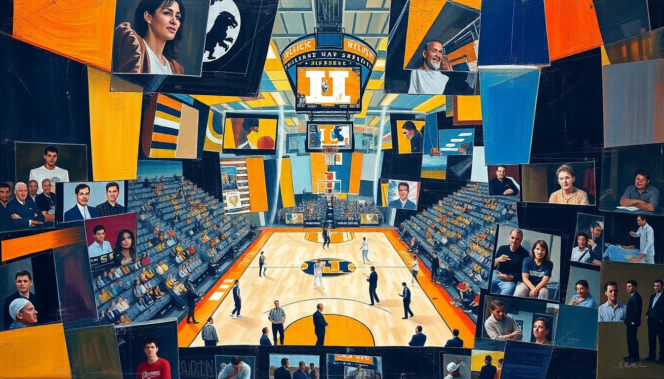 A cubist, geometric painting depicting fragmented, overlapping images of basketball players from Illinois and Connecticut engaged in an intense game, conveying the high-stakes drama of the Final Four matchup.