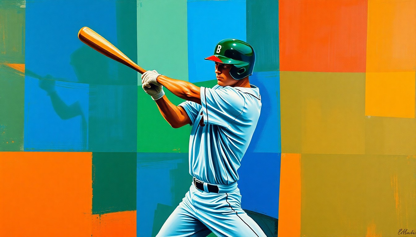 A fragmented, geometric painting depicting a baseball player's batting stance and swing, broken down into sharp, overlapping planes of color, conveying the raw athleticism and skill of the sport.