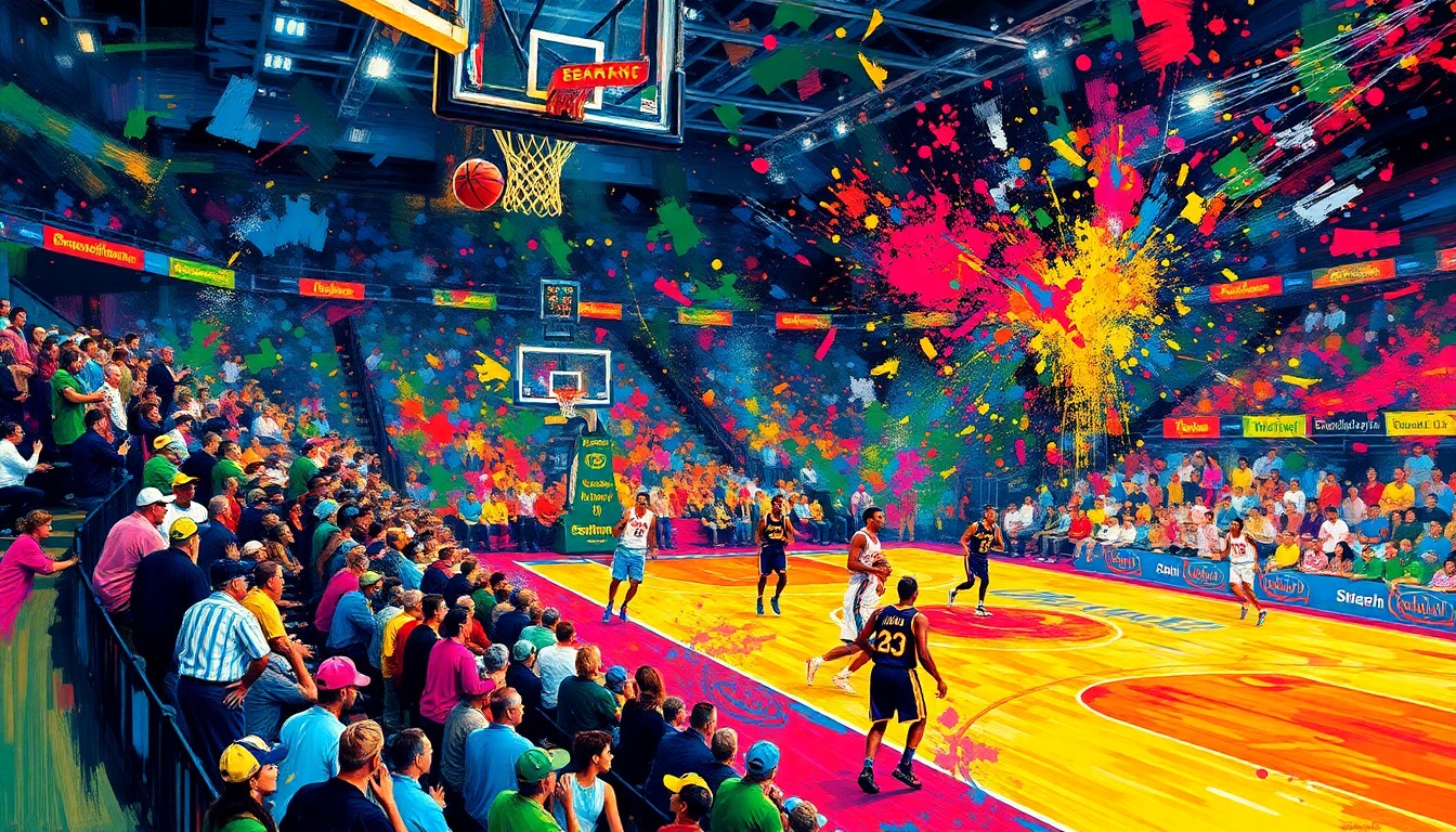 An abstract, expressionist painting in vibrant neon colors, capturing the energy and excitement of a basketball game, with the court, players, and spectators blending into a dynamic, colorful composition.