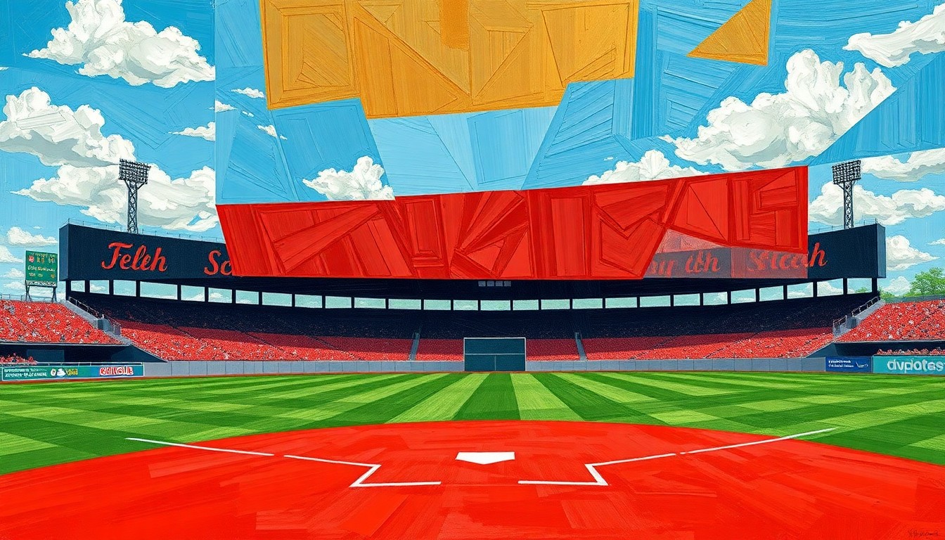A fragmented, geometric painting depicting the action of a high school baseball game, with sharp planes of green, red, and blue representing the field, players, and sky, without any identifiable details.