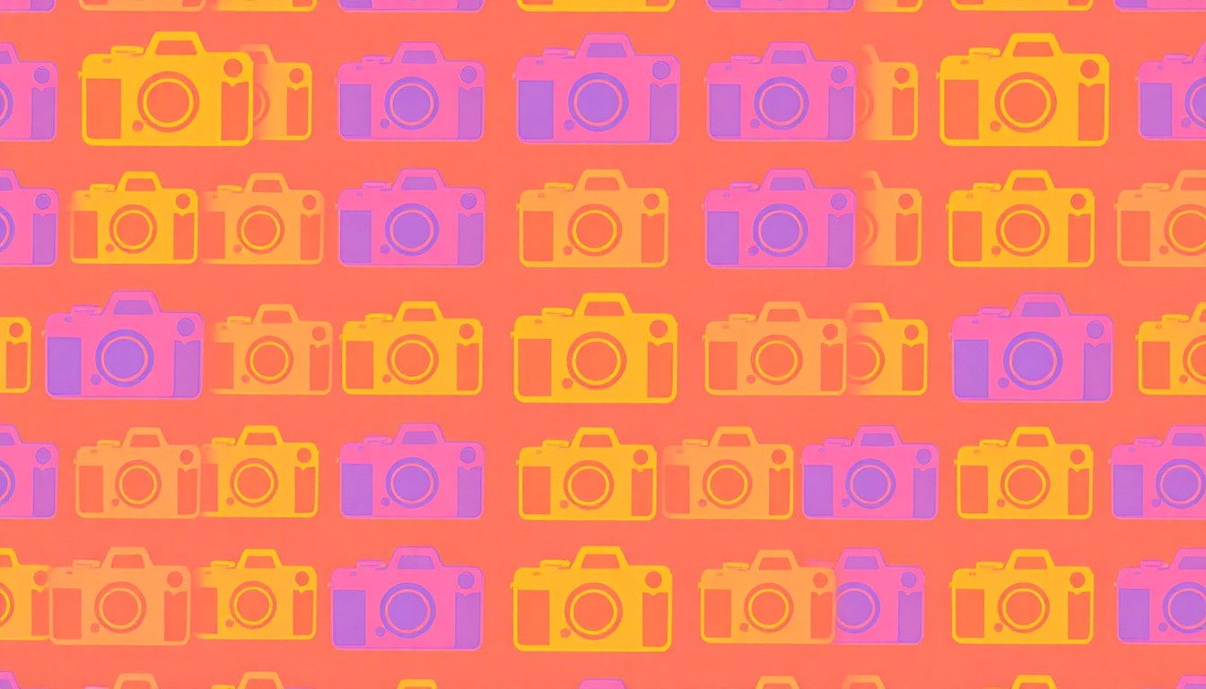 A bold, abstract grid of neon-colored film camera icons, conceptually representing the energy and creativity of an animation-focused summer camp.