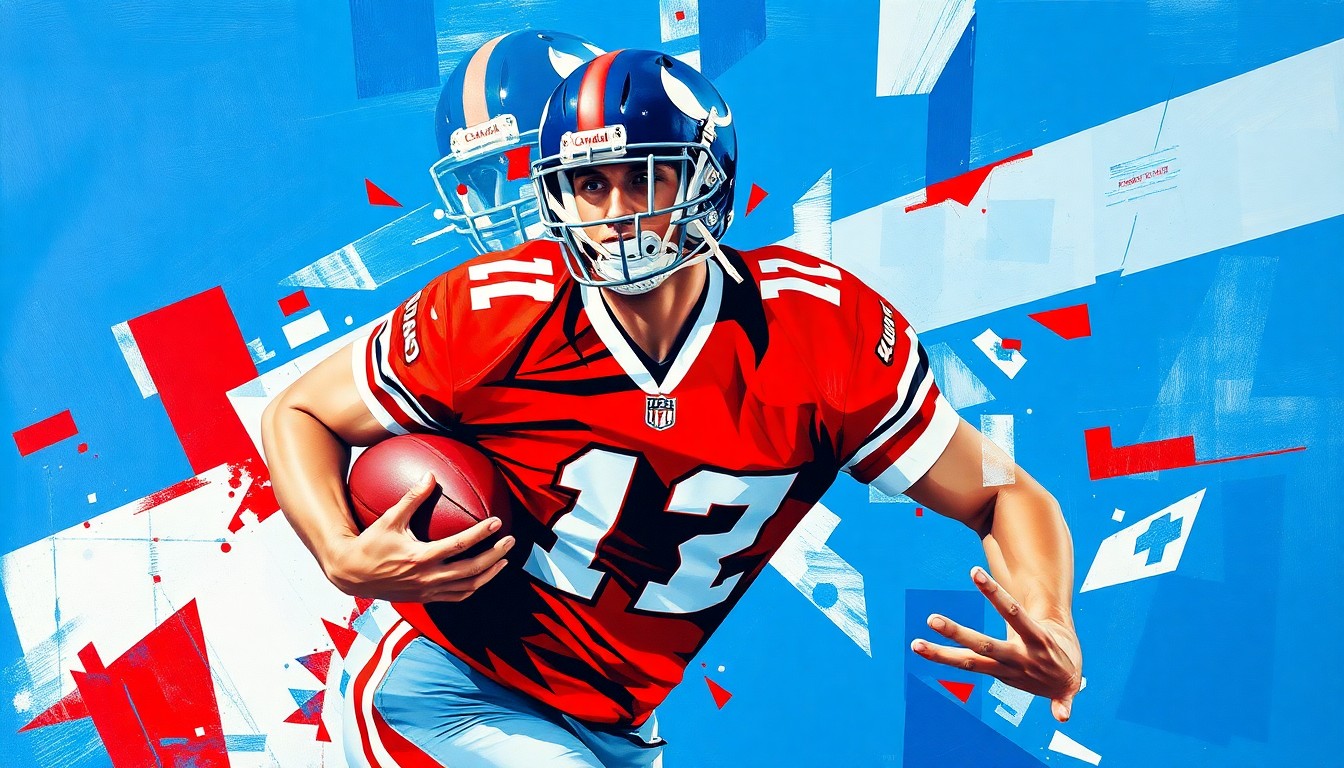 A fragmented, geometric painting depicting the dynamic motion of a Canadian football player, with sharp planes of royal blue, red, and white colors representing the Toronto Argonauts team palette.