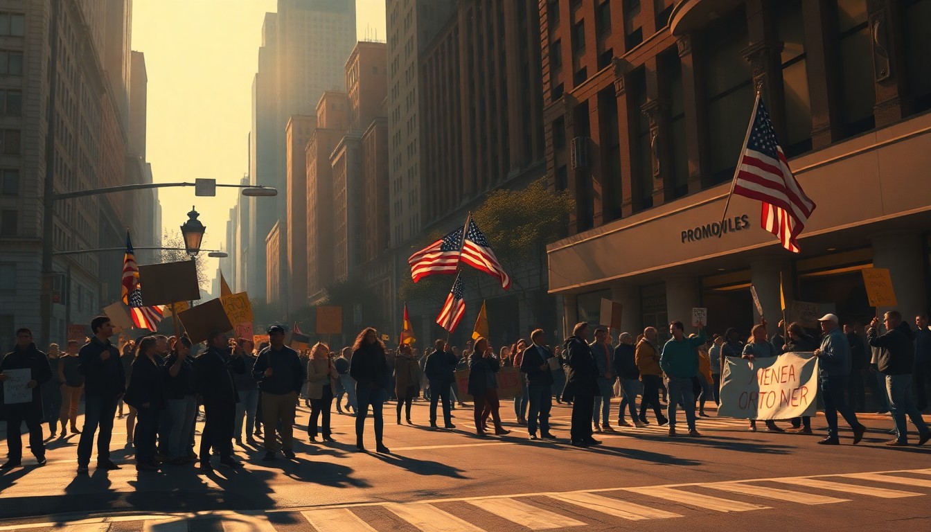 A serene, cinematic painting depicting a group of protesters holding signs and flags along a busy urban intersection, with warm sunlight and deep shadows creating a contemplative mood.