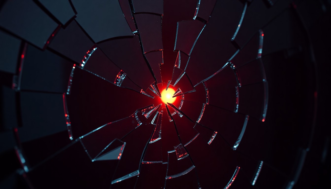 An abstract close-up photograph of a shattered mirror reflecting a dim, red light, conveying a sense of fractured nostalgia and the tension between an artist's past and present.