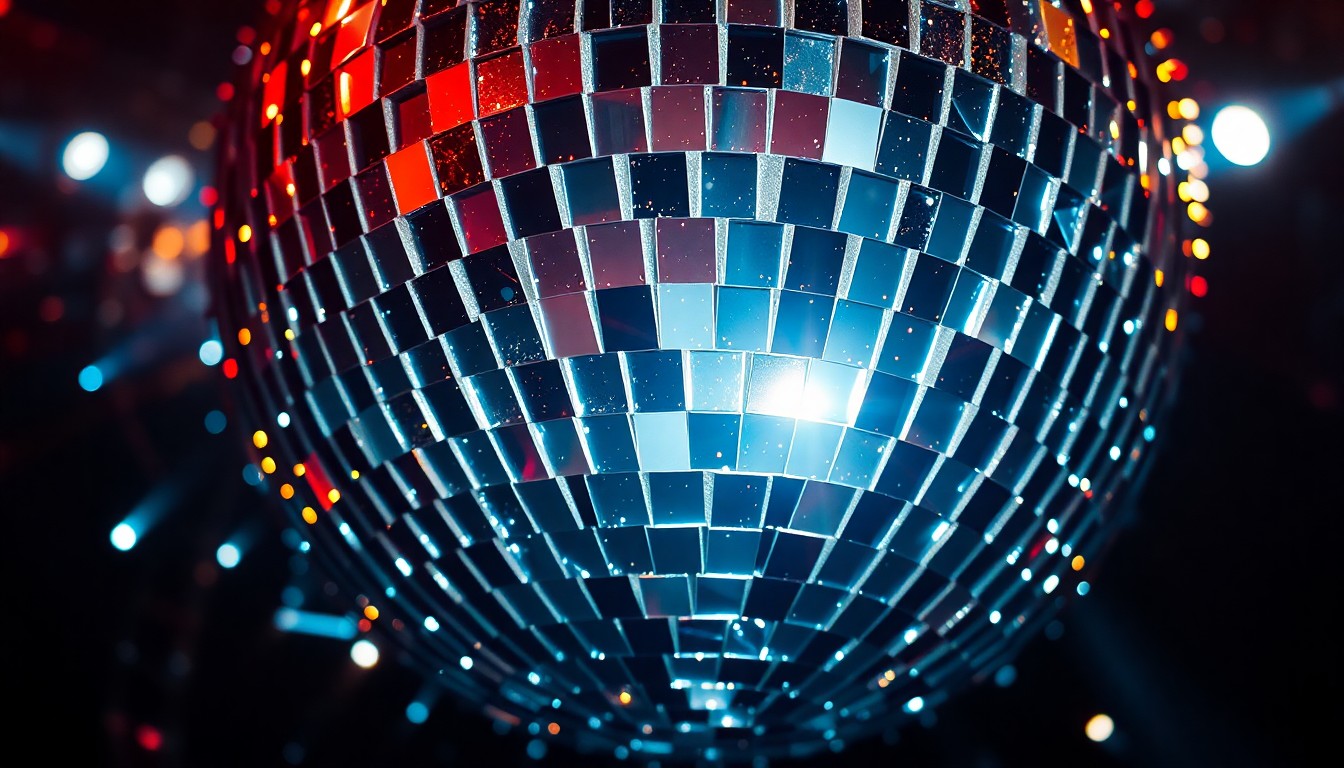 An abstract close-up image of shattered disco ball fragments reflecting dramatic, high-contrast studio lighting, conveying a sense of glitzy, high-energy nightclub atmosphere.
