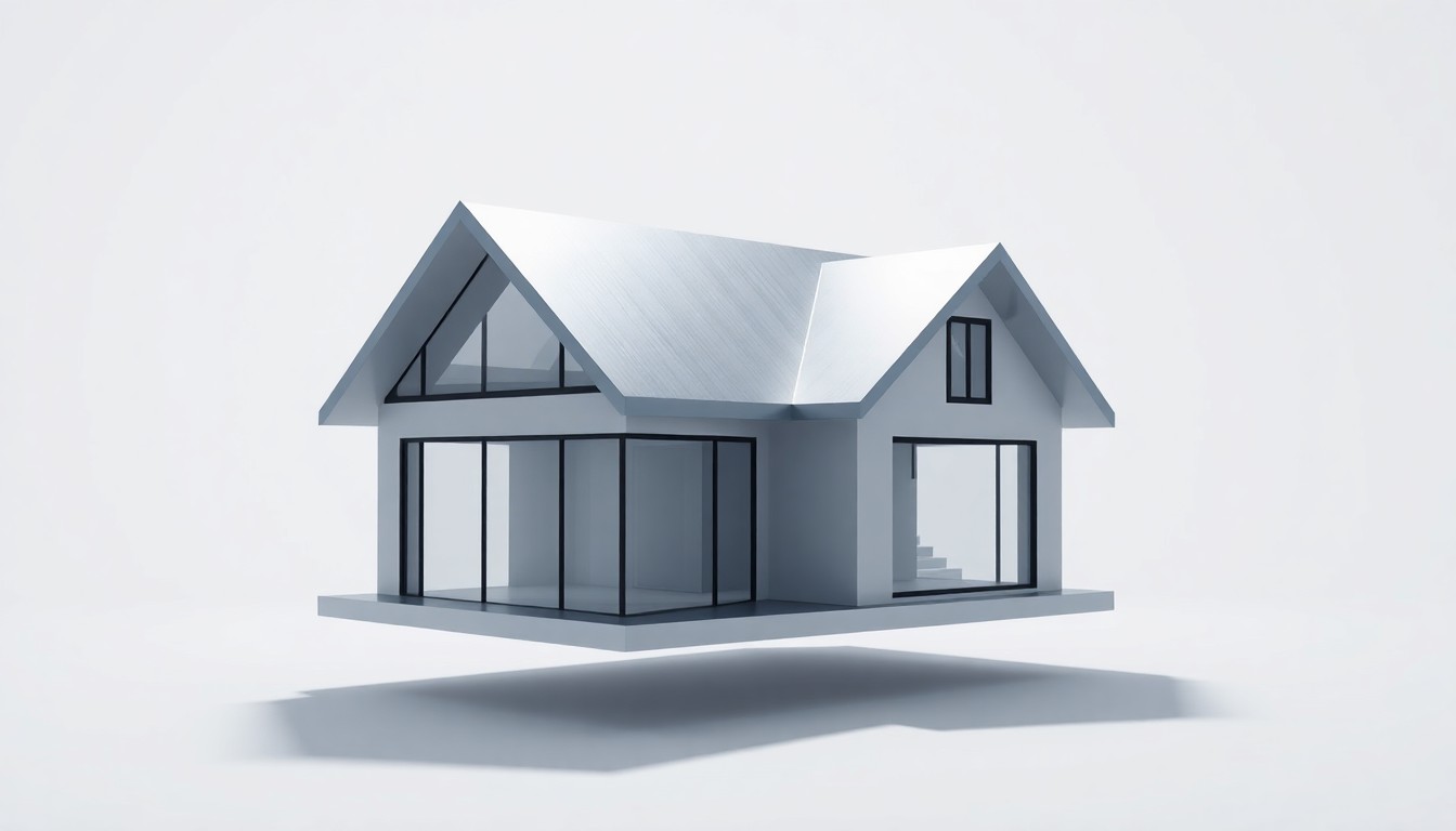 A high-end, photorealistic studio still-life photograph featuring a polished, geometric model home made of premium materials like brushed aluminum and frosted glass, floating on a clean, monochromatic background with dramatic lighting and sharp shadows, conceptually representing the abstract concepts of corporate strategy, finance, and risk in the homebuilding industry.