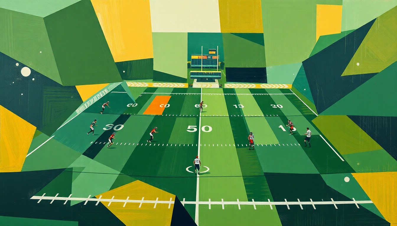 A cubist, geometric painting depicting a fragmented, multi-angled view of a football field, with players and equipment broken down into sharp, overlapping planes of green, gold, and navy blue, conceptually representing the Packers' restructured football operations.