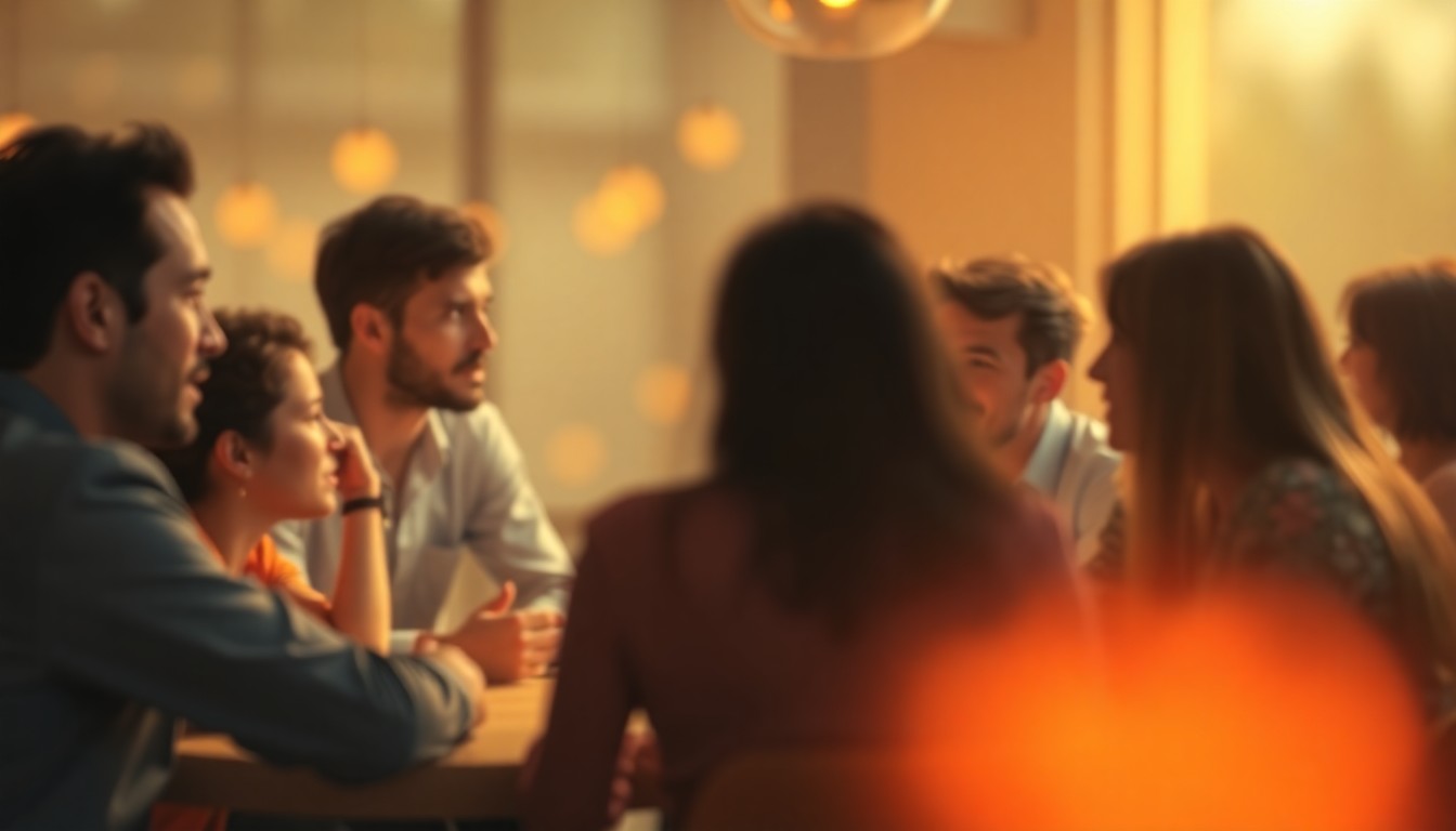 An abstracted, out-of-focus scene of people gathered around a table, their faces and forms blurred into soft, warm pools of light and color, conveying a sense of intimate, contemplative discussion.