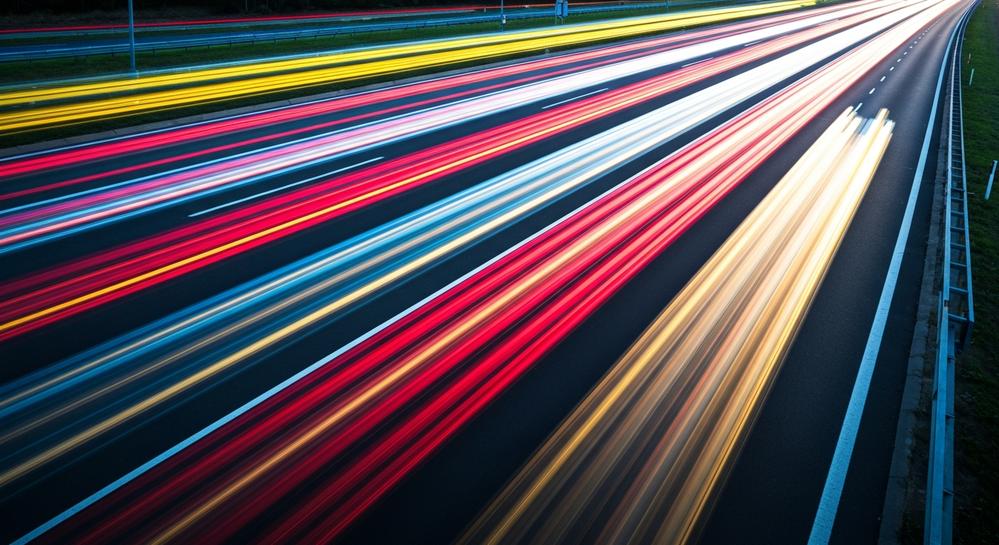 An abstract, colorful photograph with sweeping, blurred lines representing the dynamic movement of vehicles on a highway interchange, conveying the urgency for transportation infrastructure upgrades in the Carlton area.
