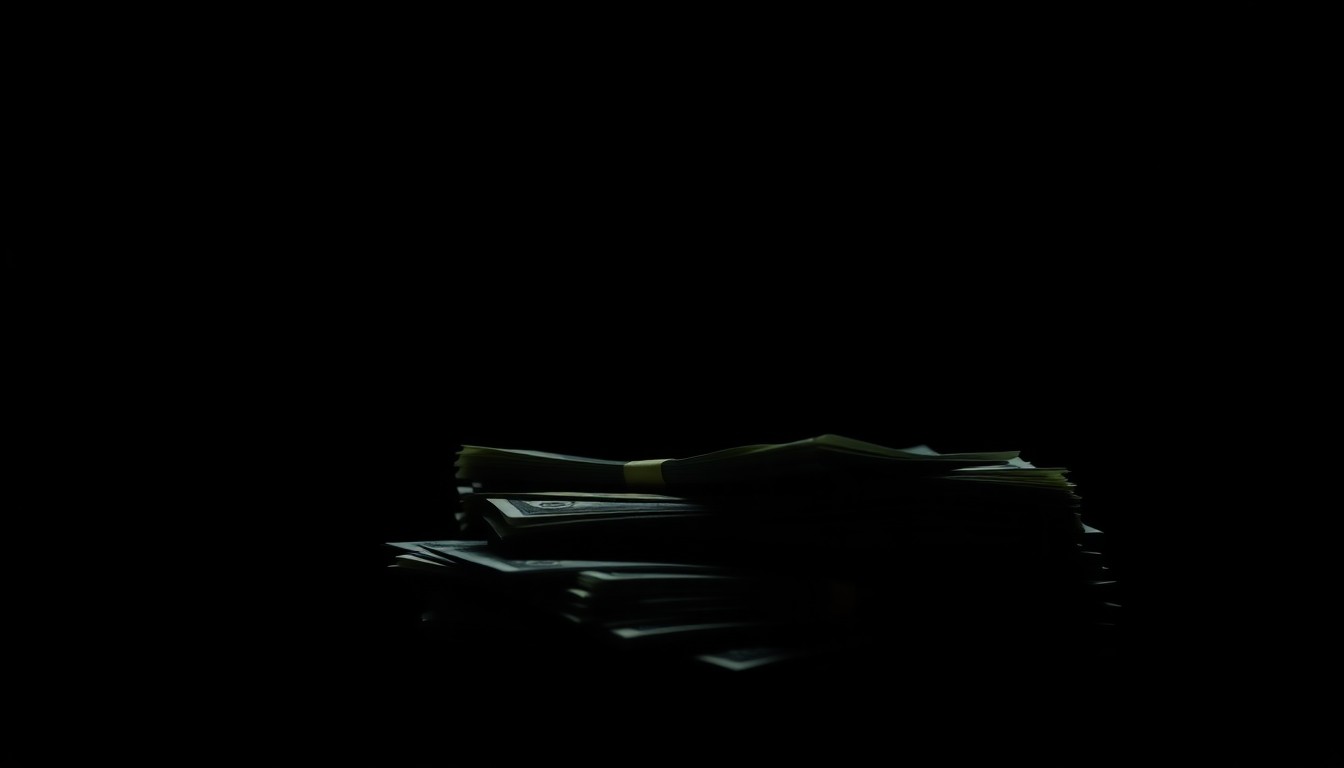 An extreme close-up photograph of crumpled cash and financial documents, dramatically lit to create a stark, gritty aesthetic that conceptually represents the serious crime of providing material support to terrorist organizations.