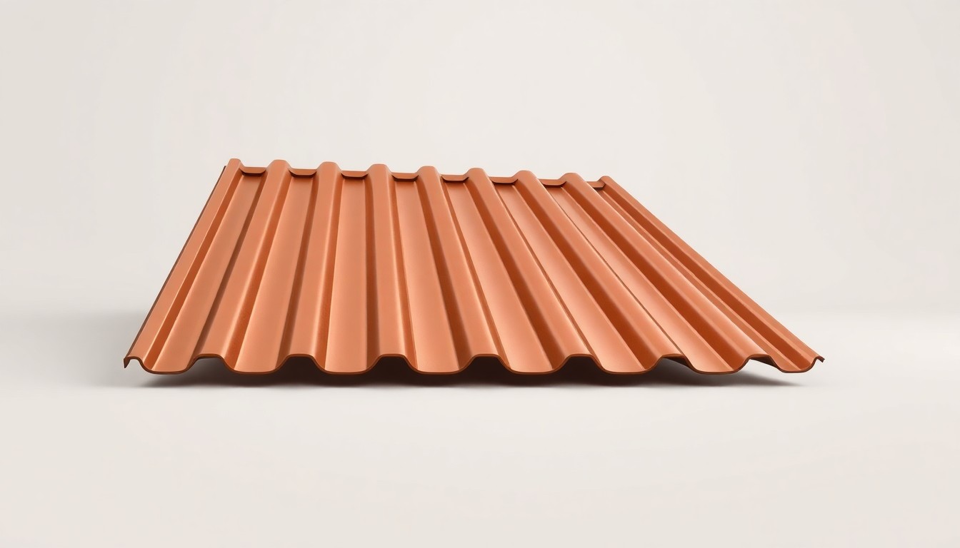 A high-end, photorealistic studio still-life photograph featuring a sleek, modern metal roof panel in a warm, earthy copper tone, resting on a clean, monochromatic seamless background, conceptually representing the premium quality and innovation of roofing solutions that can withstand extreme heat and sun exposure.