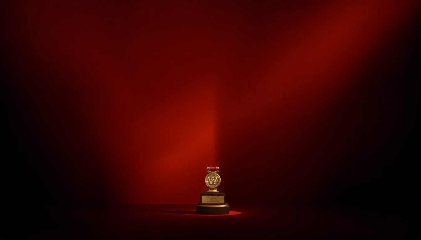 A photorealistic painting of a solitary wrestling trophy or medal, its surface reflecting warm, golden light and cast in deep shadows, conveying a sense of quiet contemplation and the weight of history.