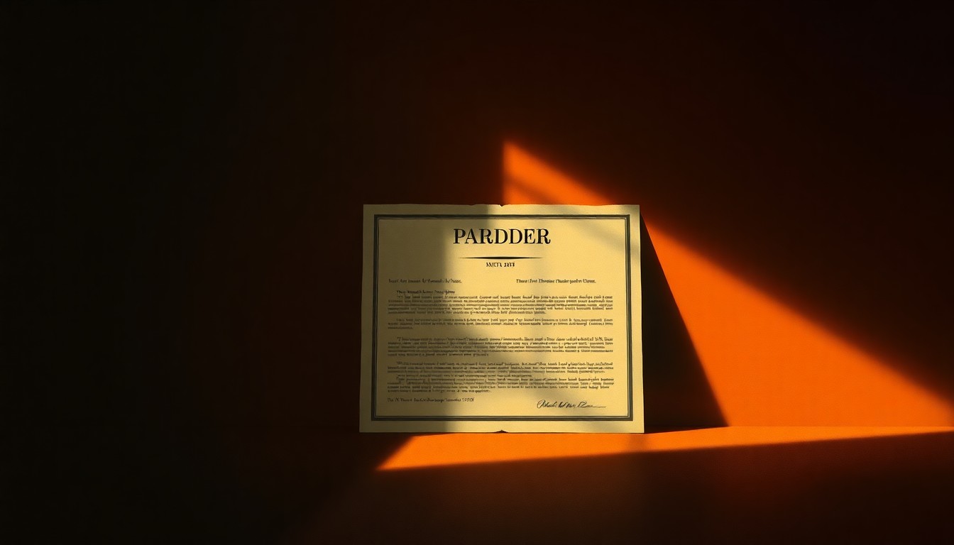 A photorealistic painting of a solitary pardon document or presidential seal sitting on a desk, with warm, diagonal sunlight and deep shadows creating a contemplative, cinematic mood.