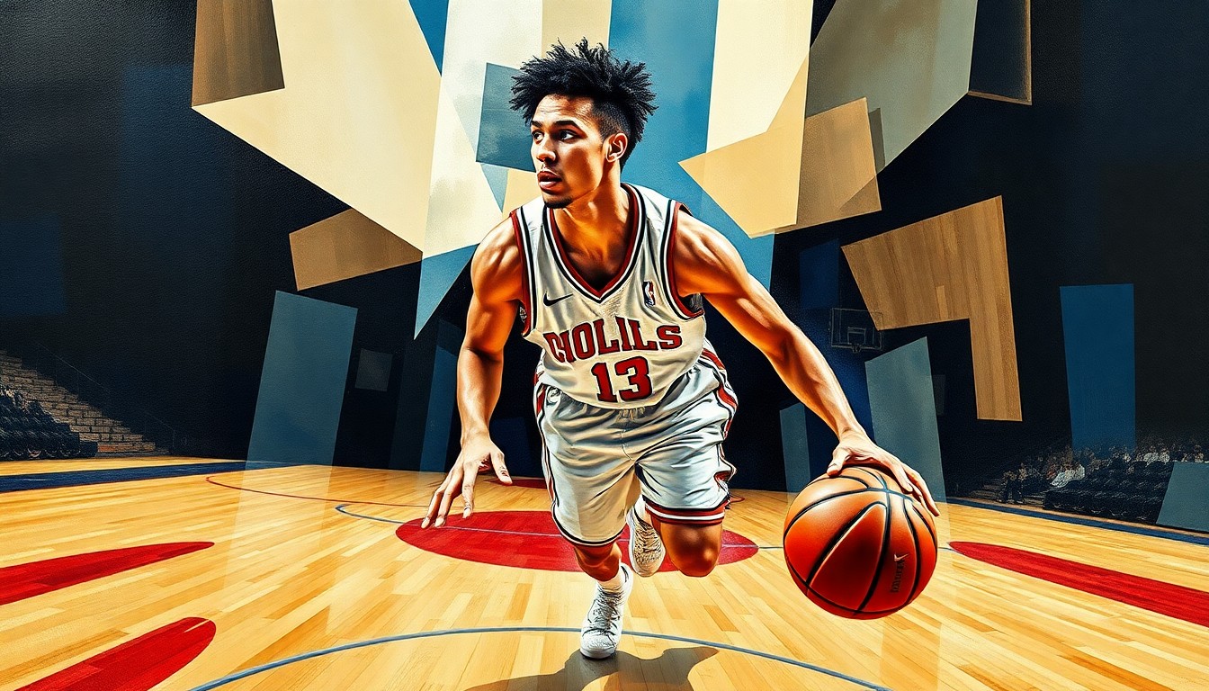 A cubist, geometric painting depicting a college basketball player in motion, with their face and uniform fragmented into abstract shapes and planes of color, along with the court and ball also deconstructed into a fractured, multi-perspective composition.