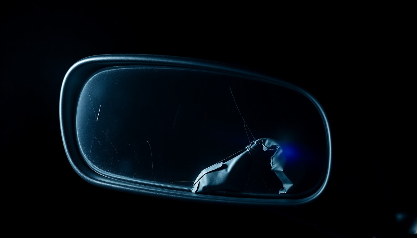 An extreme close-up of a twisted, crumpled car side mirror reflecting a harsh, bright light, conceptually illustrating the aftermath of a violent incident.