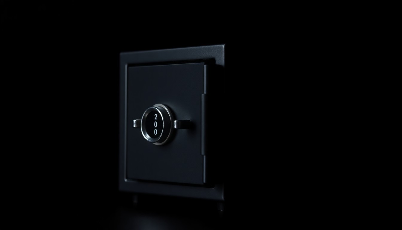 An extreme close-up photograph of a small metal safe with a combination lock, lit by a harsh, direct camera flash against a pitch-black background, conceptually representing the illicit drugs and cash seized by police during a raid.