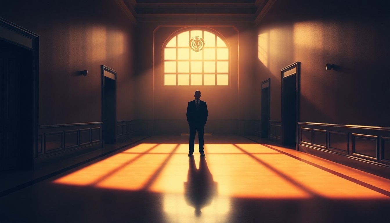 A dimly lit, cinematic painting of a lone politician standing in an empty government hallway, the warm sunlight casting dramatic shadows and creating a pensive, contemplative mood.