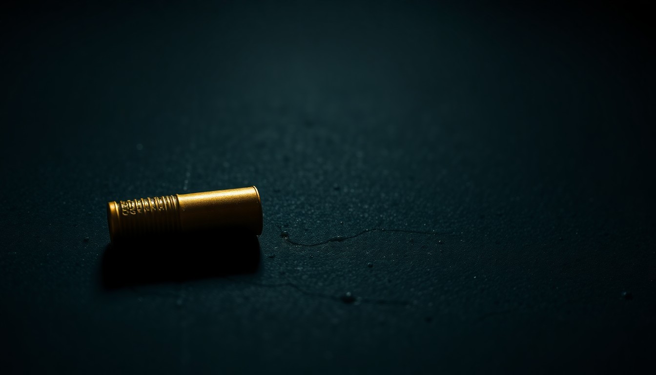 An extreme close-up photograph of a single spent bullet casing on a dark, textured surface, lit by a harsh, direct camera flash, conceptually representing the tragic aftermath of a shooting incident.